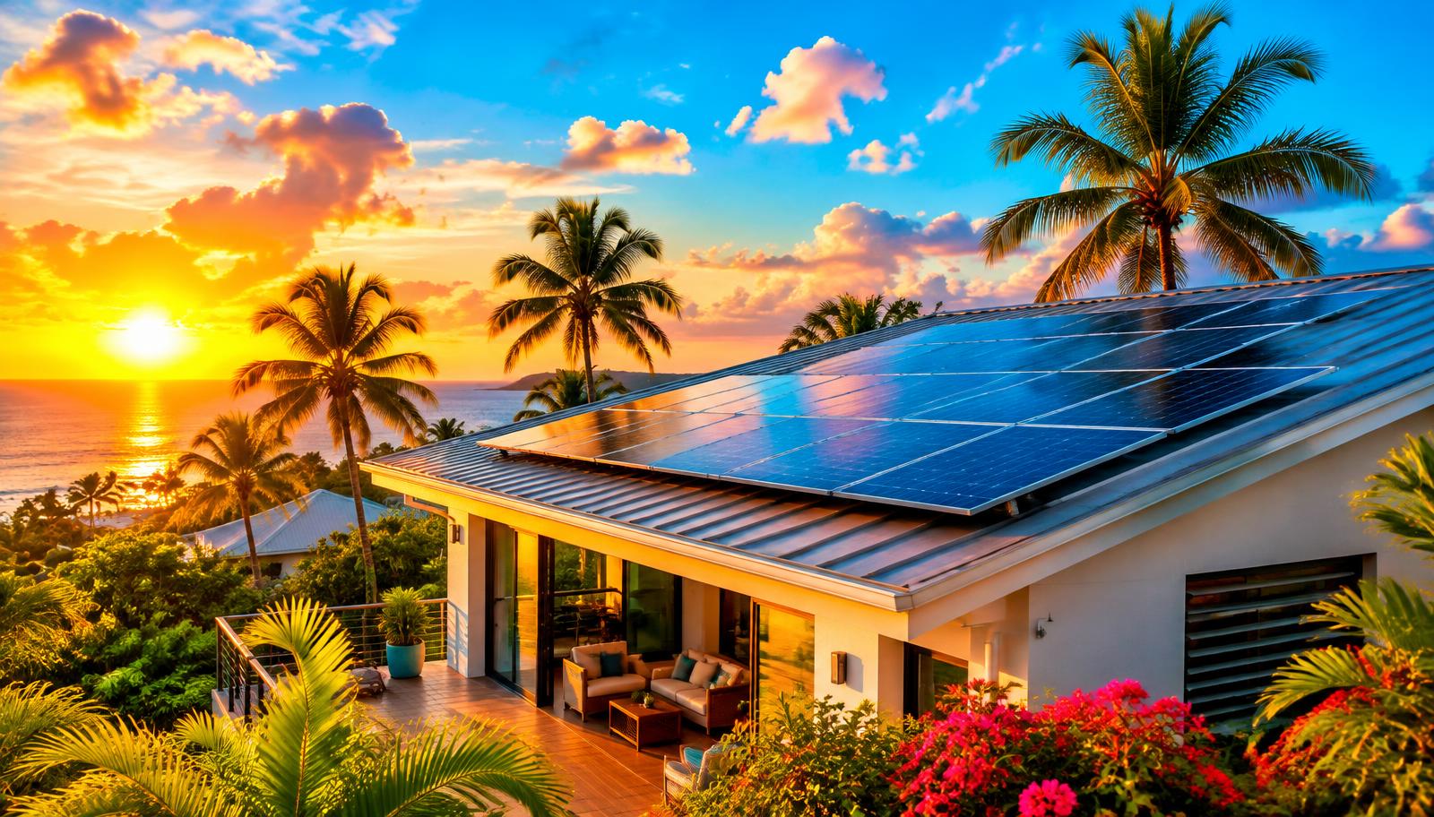 Caribbean home with rooftop solar panels at sunset